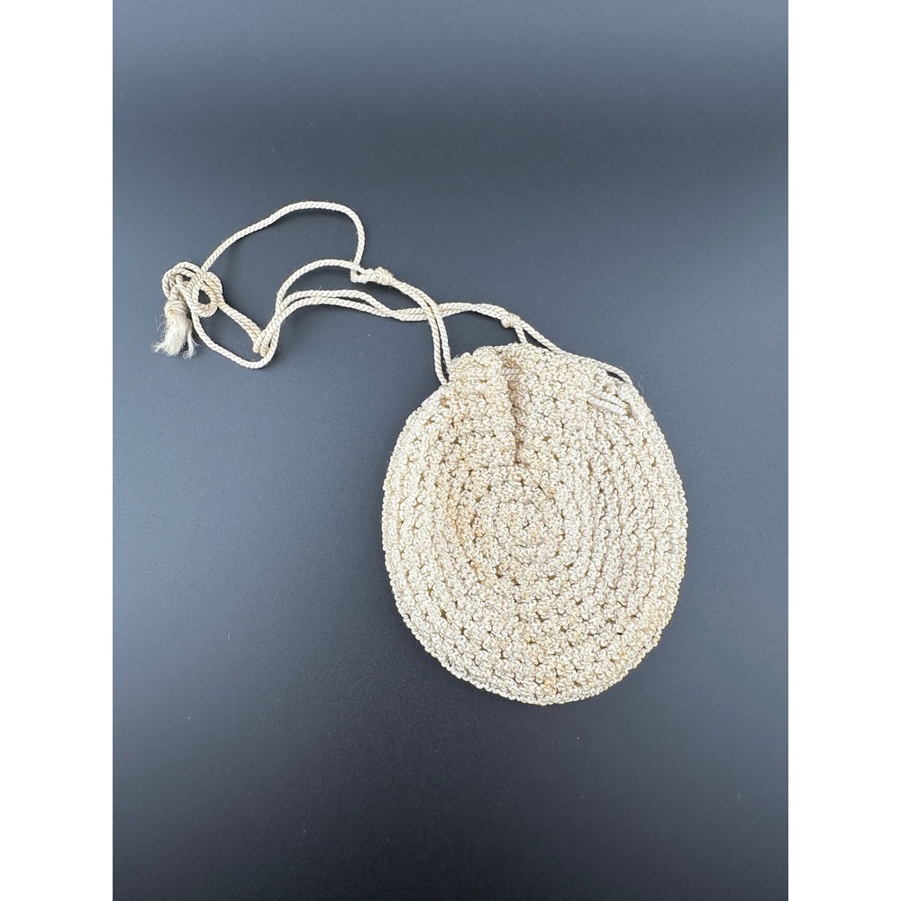 Antique 1920s Hand Crochet Coin Purse Cream Drawstring Reticule Bag Vintage